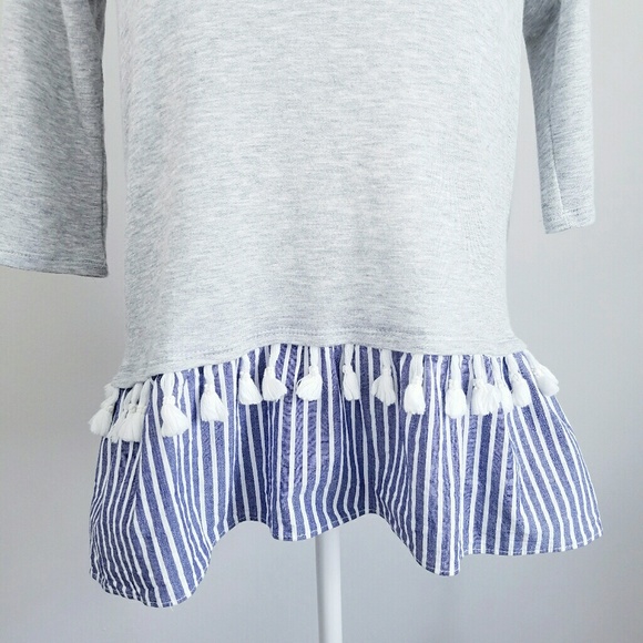Moa Moa Grey Knit Top Blue Tassel Hem XS EUC Boho - Picture 3 of 8